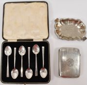 SILVER COFFEE SPOONS WITH A SILVER CIGARETTE CASE & ASHTRAY