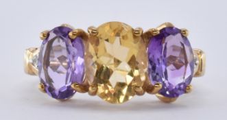 9CT GOLD CITRINE AMETHYST & DIAMOND RING