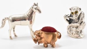 SILVER MONKEY PIN CUSHION WITH SILVER HORSE FIGURE & PIG