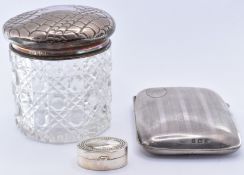 SILVER CIGARETTE CASE, DRESSING TABLE POT & PILL BOX