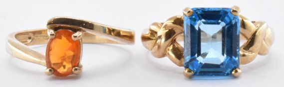 TWO 9CT GOLD RINGS SET WITH TOPAZ & FIRE OPAL