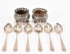 SET OF SIX SILVER TEASPOONS & A PAIR OF SILVER TABLE SALTS
