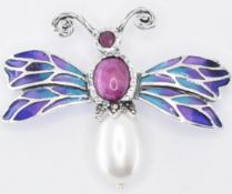 SILVER PLIQUE A JOUR RUBY & PEARL INSECT BROOCH