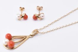 9CT GOLD CORAL & PEARL JEWELLERY SUITE