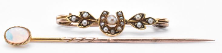 9CT GOLD OPAL STICK PIN & GOLD PEARL SET BROOCH