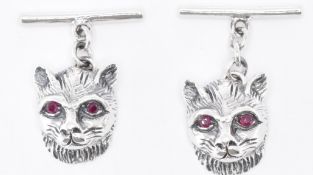 PAIR OF SILVER & RUBY CAT CUFFLINKS