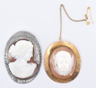 TWO VICTORIAN CARVED CONCH SHELL CAMEO BROOCHES
