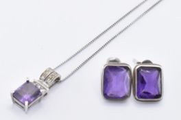 9CT WHITE GOLD & CZ PENDANT WITH AMETHYST EARRINGS