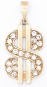 HALLMARKED 9CT GOLD & WHITE STONE DOLLAR PENDANT