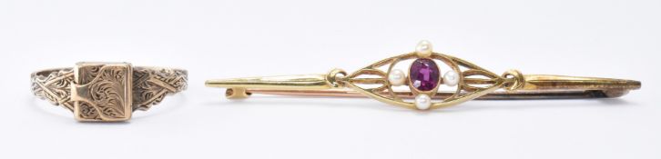 VICTORIAN 9CT GOLD MOURNING RING & 14CT GOLD BAR BROOCH