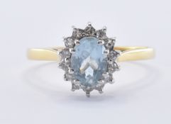18CT GOLD DIAMOND & AQUAMARINE CLUSTER RING