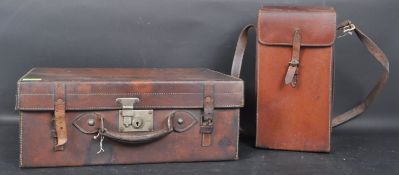 VINTAGE BROWN LEATHER TRAVELING SUITE CASE AND SHOULDER BAG