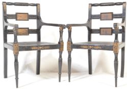 PAIR OF EARLY 20TH CENTURY REGENCY REVIVAL EBONISED ARMCHAIRS