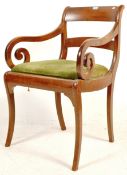 EARLY 19TH CENTURY REGENCY MAHOGANY SCROLLED ARM CHAIR