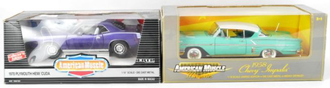 TWO ERTL 1/18 SCALE AMERICAN MUSCLE DIECAST MODEL CARS