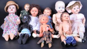 COLLECTION OF X10 VINTAGE HARD PLASTIC & BISQUE HEADED DOLLS
