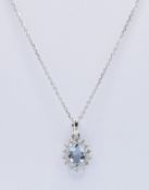 9CT WHITE GOLD DIAMOND & AQUAMARINE PENDANT NECKLACE