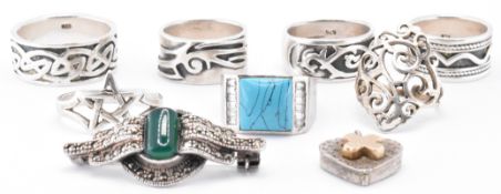 ASSORTMENT OF SILVER RINGS & MARCASITE SET BROOCH