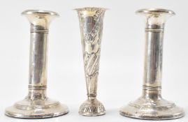 HALLMARKED SILVER EDWARDIAN CANDLESTICKS AND SPILL VASE