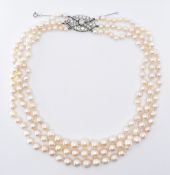 1920'S PEARL & DIAMOND THREE STRAND COLLAR NECKLACE