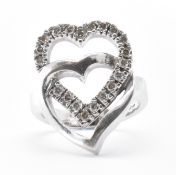 HALLMARKED 9CT WHITE GOLD & DIAMOND DOUBLE HEART RING