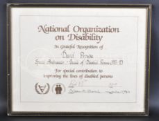 ESTATE OF DAVE PROWSE - NATIONAL ORGANIZATION ON DISABILITY AWARD