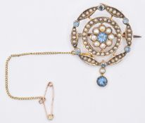 EDWARDIAN 9CT GOLD AQUAMARINE & PEARL PENDANT BROOCH