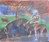 WATERCOLOUR ON PAPER ABSTRACT PAINTING OF A FIGURE ON HORSEBACK