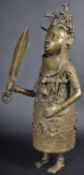 LARGE 20TH CENTURY BENIN CAST BRONZE FIGURE OF A WARRIOR