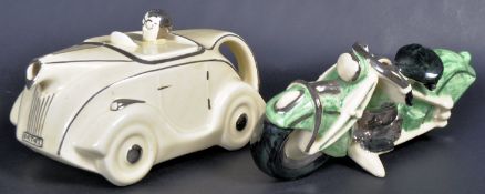 SADLERS ART DECO RACING CAR TEAPOT AND BIKE MONEY BOX