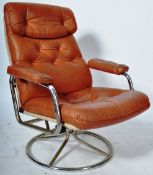 PIEFF - 1970'S TAN LEATHER AND CHROME RECLINING SWIVEL CHAIR