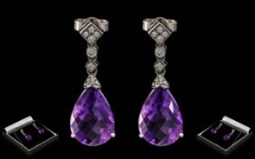 Ladies - Superb Pair of 18ct White Gold Amethyst and Diamond Set Earrings - Drops, Wonderful