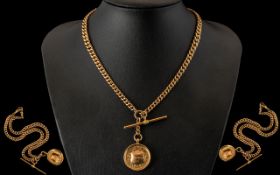 Edwardian Period Good Quality 9ct Rose Gold Double Albert Chain with Attached T-Bar and Medal.