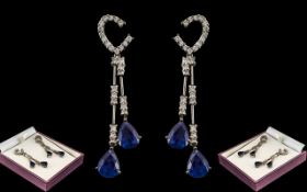 Ladies 18ct White Gold Superb Pair of Exquisite Diamond and Sapphire Set Drop Earrings.