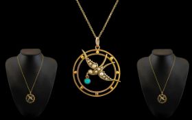 Victorian Period Attractive and Petite 9ct Gold Circular Pendant with flying swallow figure to