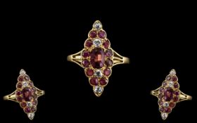 Antique Period Superb 18ct Gold Boat Shaped Ruby and Diamond Set Ring. c.1900. Excellent Design. The