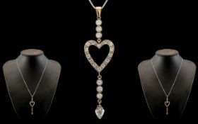 Antique Period 18ct White Gold - Exquisite Heart Shaped Diamond Set Pendant / Drop Necklace of