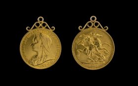 Queen Victoria 22ct Gold 2 Pound Coin with Attached 9ct Gold Mount ( Easy to Remove ) Date 1893.