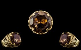 9ct Gold - Large and Impressive Single Stone Smoky Topaz Set Ring - Expensive Setting. Full Hallmark