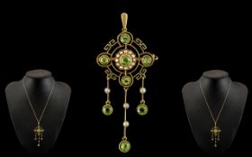 Victorian Period Stunning 15ct Gold Peridot and Seed Pearl Set Combined Pendant Drop - Brooch of