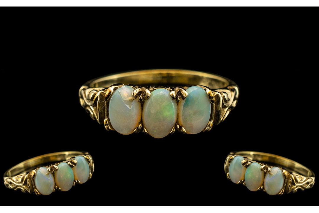 Ladies - Attractive 9ct Yellow Gold - 3 Stone Opal Set Ring, Ornate Setting, - Image 2 of 2