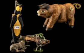 Collection of Novelty Animals, comprising a large wooden pig with menu holder tail; a silver