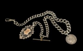 Victorian Period Sterling Silver Albert Chain with Attached Fob and Jubilee 1887 Silver Shilling.