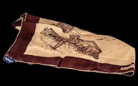 Burberry Silk Scarf, illustrations depict travel, with brown border, cream square with travel