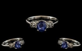 Ladies 9ct White Gold Attractive and Petite Diamond and Sapphire Set Ring,