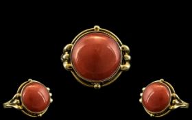 Ladies 14ct Gold and Pink Coral Mediterranean Cabochon Stone Ring.