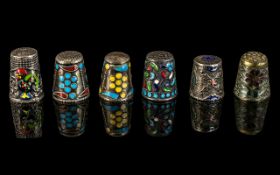 Excellent Collection of Antique Period Assorted White Metal and Enamel Thimbles ( 6 ) In Total.