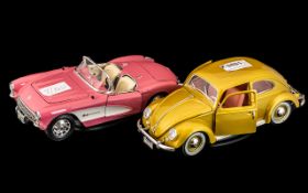 Two Urago Italian Made Collectors Car Models on Stands, comprising VW Beetle 1,000,000,