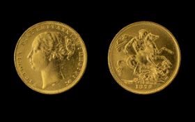 Queen Victoria - Young Head 22ct Gold Full Sovereign - Date 1879.