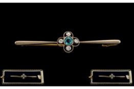 Edwardian Period - Nice Quality 15ct Gold and Platinum Diamond and Aquamarine Set Brooch. The